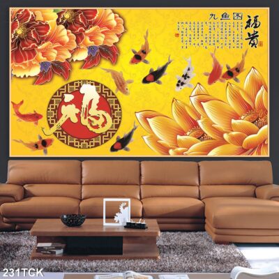 Tranh treo tường hoa sen cá koi, cá chép trang trí phòng khách, quà tặng tân gia