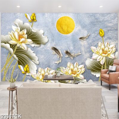 Tranh treo tường hoa sen cá koi, cá chép trang trí phòng khách, quà tặng tân gia