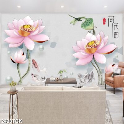 Tranh treo tường hoa sen cá koi, cá chép trang trí phòng khách, quà tặng tân gia