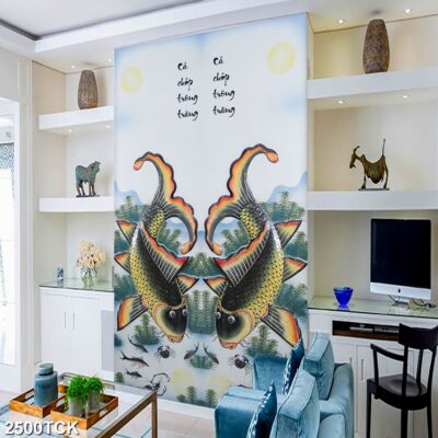 Tranh treo tường hoa sen cá koi, cá chép trang trí phòng khách, quà tặng tân gia