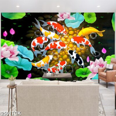 Tranh treo tường hoa sen cá koi, cá chép trang trí phòng khách, quà tặng tân gia