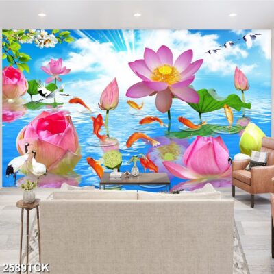 Tranh treo tường hoa sen cá koi, cá chép trang trí phòng khách, quà tặng tân gia