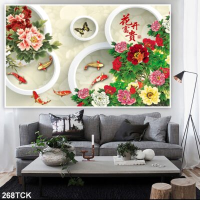 Tranh treo tường hoa sen cá koi, cá chép trang trí phòng khách, quà tặng tân gia