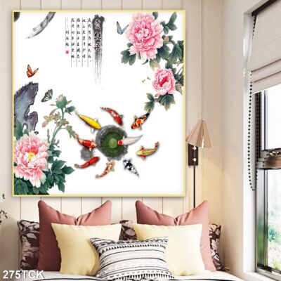 Tranh treo tường hoa sen cá koi, cá chép trang trí phòng khách, quà tặng tân gia