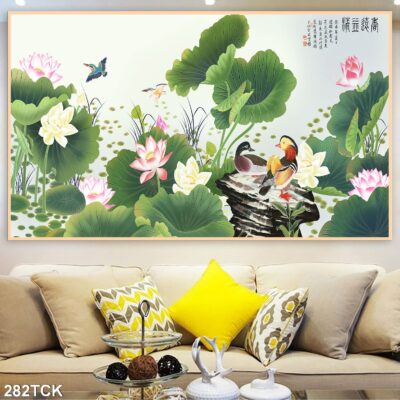 Tranh treo tường hoa sen cá koi, cá chép trang trí phòng khách, quà tặng tân gia
