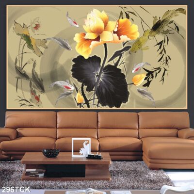 Tranh treo tường hoa sen cá koi, cá chép trang trí phòng khách, quà tặng tân gia