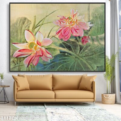 Tranh treo tường hoa sen cá koi, cá chép trang trí phòng khách, quà tặng tân gia