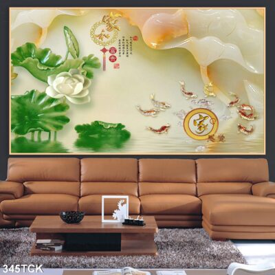 Tranh treo tường hoa sen cá koi, cá chép trang trí phòng khách, quà tặng tân gia