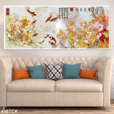 Tranh treo tường hoa sen cá koi, cá chép trang trí phòng khách, quà tặng tân gia