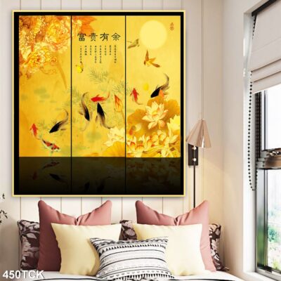 Tranh treo tường hoa sen cá koi, cá chép trang trí phòng khách, quà tặng tân gia