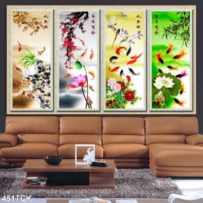 Tranh treo tường hoa sen cá koi, cá chép trang trí phòng khách, quà tặng tân gia