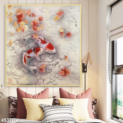 Tranh treo tường hoa sen cá koi, cá chép trang trí phòng khách, quà tặng tân gia