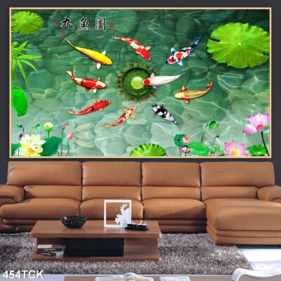 Tranh treo tường hoa sen cá koi, cá chép trang trí phòng khách, quà tặng tân gia