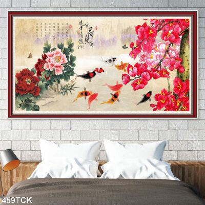 Tranh treo tường hoa sen cá koi, cá chép trang trí phòng khách, quà tặng tân gia