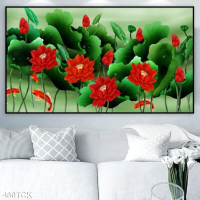 Tranh treo tường hoa sen cá koi, cá chép trang trí phòng khách, quà tặng tân gia