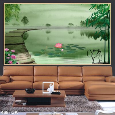 Tranh treo tường hoa sen cá koi, cá chép trang trí phòng khách, quà tặng tân gia