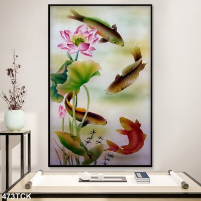 Tranh treo tường hoa sen cá koi, cá chép trang trí phòng khách, quà tặng tân gia