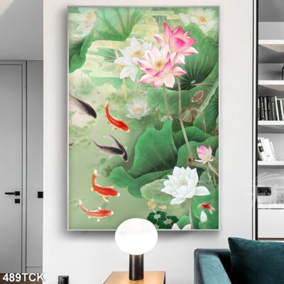 Tranh treo tường hoa sen cá koi, cá chép trang trí phòng khách, quà tặng tân gia
