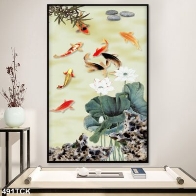Tranh treo tường hoa sen cá koi, cá chép trang trí phòng khách, quà tặng tân gia