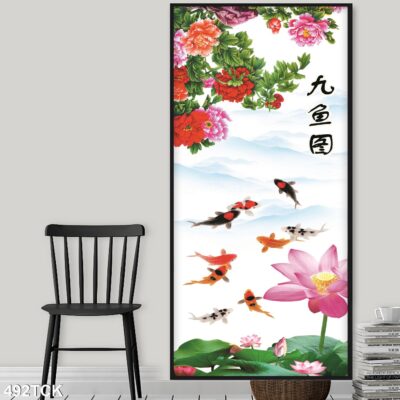 Tranh treo tường hoa sen cá koi, cá chép trang trí phòng khách, quà tặng tân gia