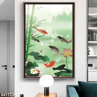 Tranh treo tường hoa sen cá koi, cá chép trang trí phòng khách, quà tặng tân gia
