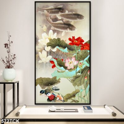 Tranh treo tường hoa sen cá koi, cá chép trang trí phòng khách, quà tặng tân gia