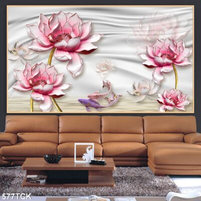 Tranh treo tường hoa sen cá koi, cá chép trang trí phòng khách, quà tặng tân gia