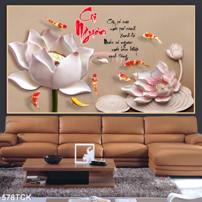 Tranh treo tường hoa sen cá koi, cá chép trang trí phòng khách, quà tặng tân gia