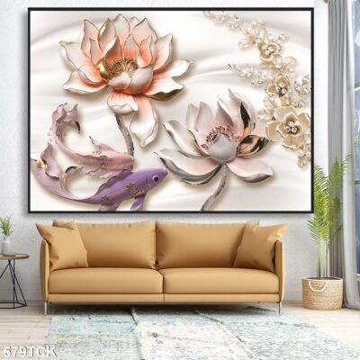Tranh treo tường hoa sen cá koi, cá chép trang trí phòng khách, quà tặng tân gia
