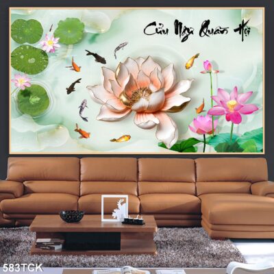 Tranh treo tường hoa sen cá koi, cá chép trang trí phòng khách, quà tặng tân gia