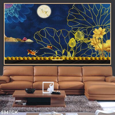 Tranh treo tường hoa sen cá koi, cá chép trang trí phòng khách, quà tặng tân gia