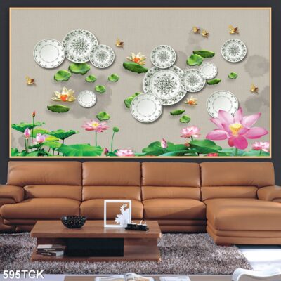 Tranh treo tường hoa sen cá koi, cá chép trang trí phòng khách, quà tặng tân gia