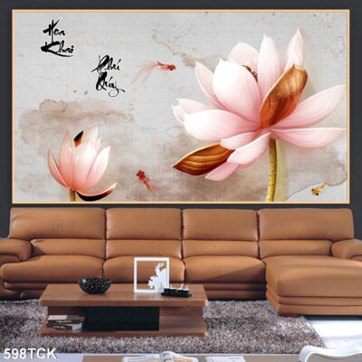 Tranh treo tường hoa sen cá koi, cá chép trang trí phòng khách, quà tặng tân gia