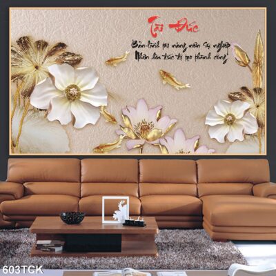 Tranh treo tường hoa sen cá koi, cá chép trang trí phòng khách, quà tặng tân gia