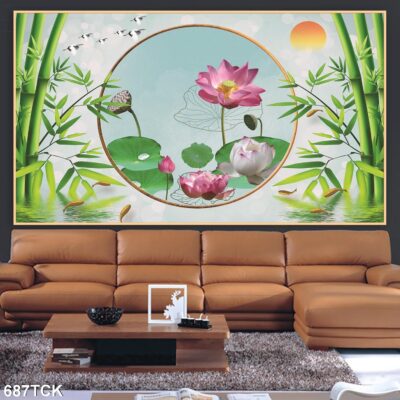 Tranh treo tường hoa sen cá koi, cá chép trang trí phòng khách, quà tặng tân gia