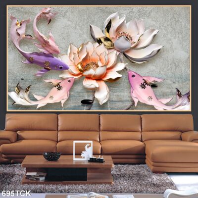 Tranh treo tường hoa sen cá koi, cá chép trang trí phòng khách, quà tặng tân gia