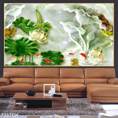 Tranh treo tường hoa sen cá koi, cá chép trang trí phòng khách, quà tặng tân gia