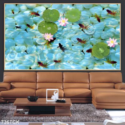 Tranh treo tường hoa sen cá koi, cá chép trang trí phòng khách, quà tặng tân gia