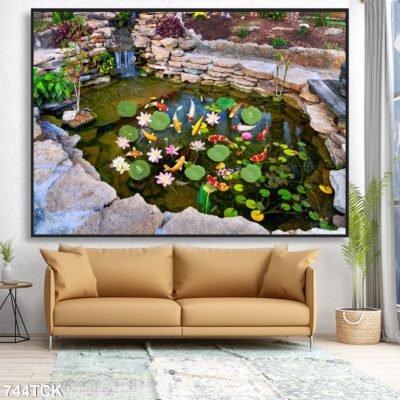 Tranh treo tường hoa sen cá koi, cá chép trang trí phòng khách, quà tặng tân gia