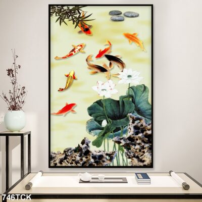 Tranh treo tường hoa sen cá koi, cá chép trang trí phòng khách, quà tặng tân gia