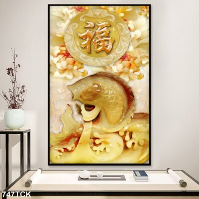 Tranh treo tường hoa sen cá koi, cá chép trang trí phòng khách, quà tặng tân gia