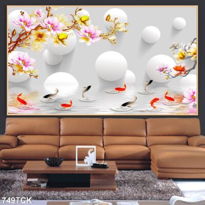 Tranh treo tường hoa sen cá koi, cá chép trang trí phòng khách, quà tặng tân gia