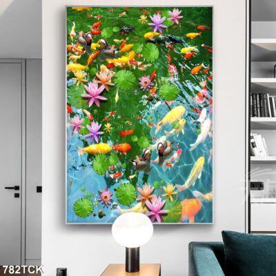 Tranh treo tường hoa sen cá koi, cá chép trang trí phòng khách, quà tặng tân gia