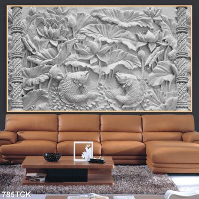 Tranh treo tường hoa sen cá koi, cá chép trang trí phòng khách, quà tặng tân gia