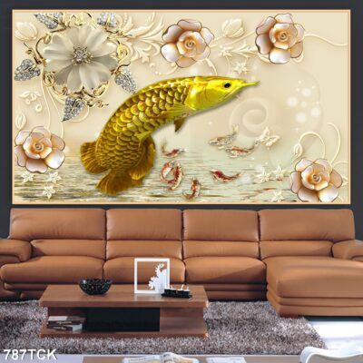 Tranh treo tường hoa sen cá koi, cá chép trang trí phòng khách, quà tặng tân gia