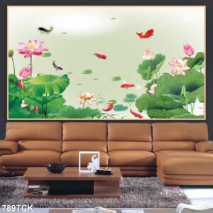 Tranh treo tường hoa sen cá koi, cá chép trang trí phòng khách, quà tặng tân gia