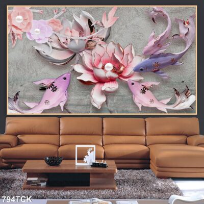 Tranh treo tường hoa sen cá koi, cá chép trang trí phòng khách, quà tặng tân gia