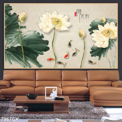 Tranh treo tường hoa sen cá koi, cá chép trang trí phòng khách, quà tặng tân gia