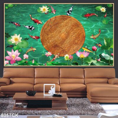 Tranh treo tường hoa sen cá koi, cá chép trang trí phòng khách, quà tặng tân gia