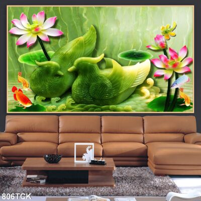 Tranh treo tường hoa sen cá koi, cá chép trang trí phòng khách, quà tặng tân gia